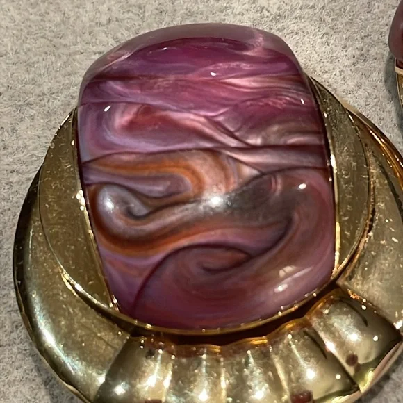 Vintage 80’s Gold and Purple Art Glass Earrings Clipon Bold Glam - Picture 2 of 6